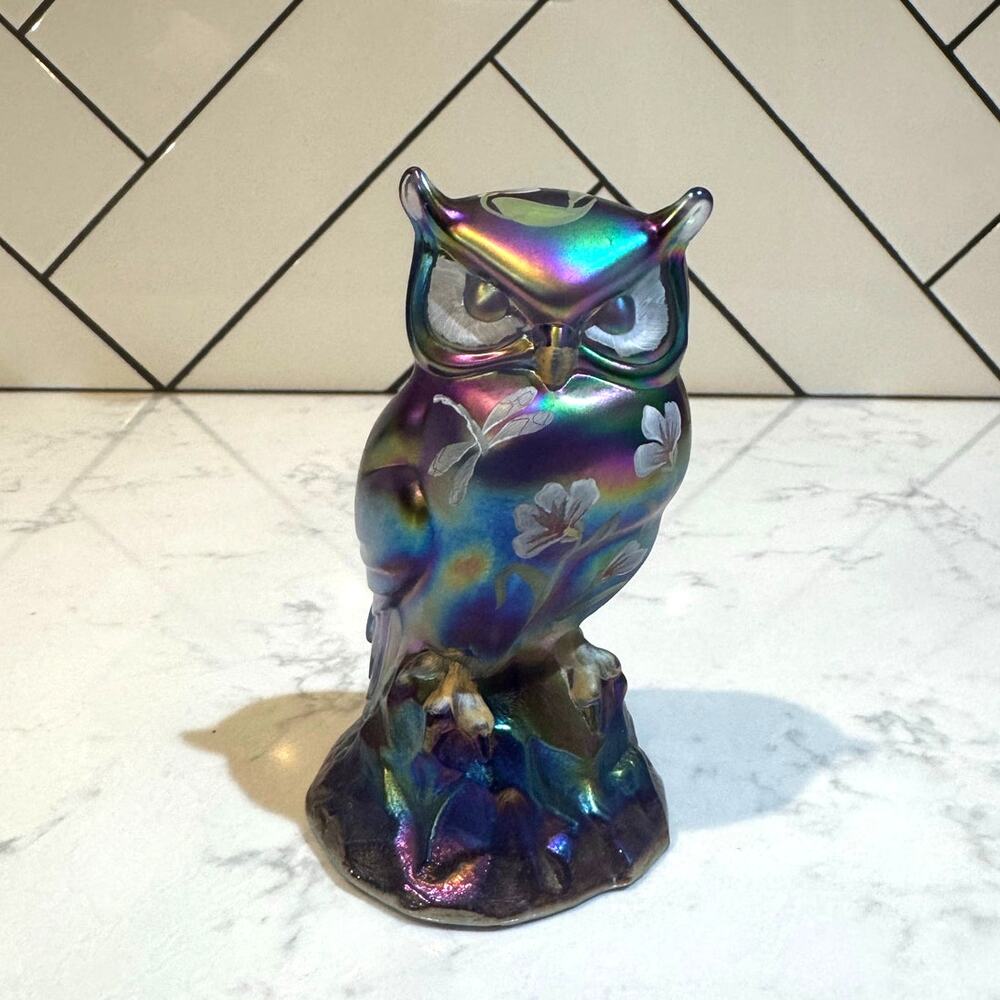 Fenton Art Glass Amethyst Carnival Glass Owl Figurine hand floral dragonfly